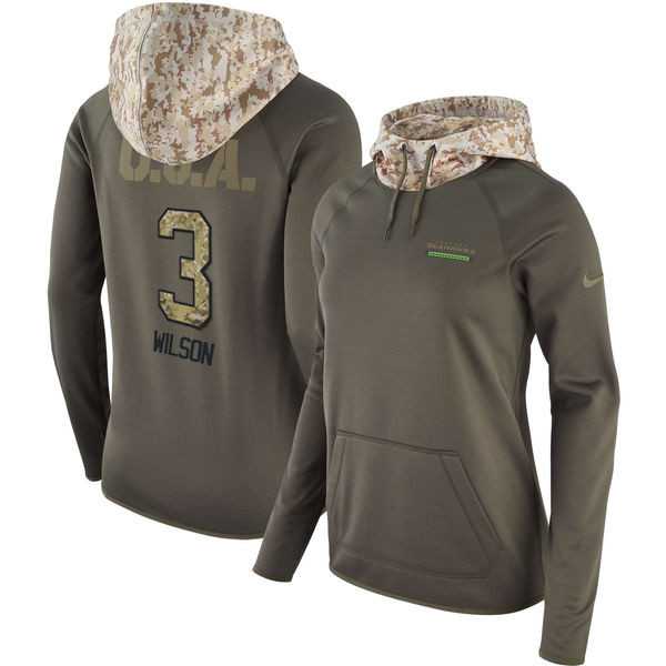 Women Nike Seahawks 3 Russell Wilson Olive Salute To Service Pullover Hoodie